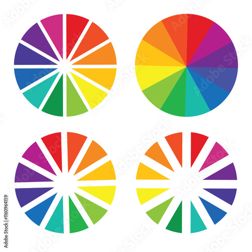 Color wheel guide set. Segment color wheel slice sign. Circle section graph. Circular rainbow palette illustration. 