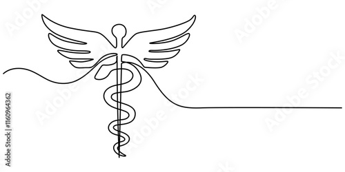  Medical symbol caduceus. Continuous one line art drawing of Vector illustration, Single continuous line drawing caduceus, medical center, pharmacy, hospital with popular symbol of medicine. Medical. 