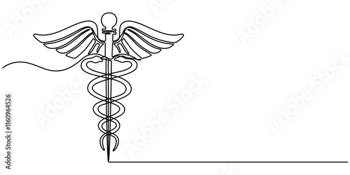  Medical symbol caduceus. Continuous one line art drawing of Vector illustration, Single continuous line drawing caduceus, medical center, pharmacy, hospital with popular symbol of medicine. Medical. 