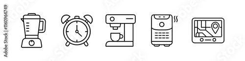 Line Icons of Kitchen Appliances and Gadgets - Minimalistic line icons featuring a blender, alarm clock, coffee maker, air purifier, and GPS device, perfect for home and technology themes.