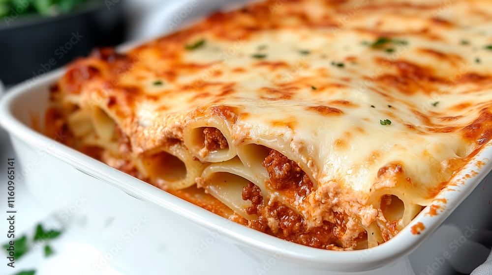 Baked Pasta with Meat Sauce and Melted Cheese in a White Dish Baked Pasta with Meat Sauce and Melted Cheese in a White Dish