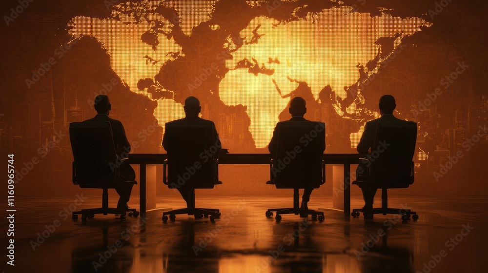 Business Meeting with Silhouetted Figures Against Digital World Map Business Meeting with Silhouetted Figures Against Digital World Map