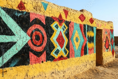 Abstract and colorful mud pottery mural brightens up a plain wall with flair.