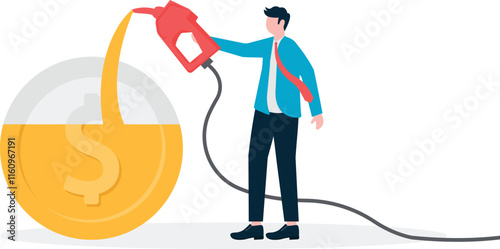 People fill coins with fuel pumps whose wires form a rising graph, a metaphor for fuel inflation
