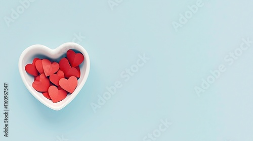 Red Paper Hearts in a White Heart-Shaped Bowl against a Light Sky-Blue Background