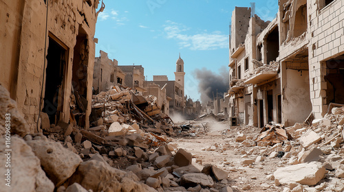 War-Damaged City Street with Rubble and Smoke