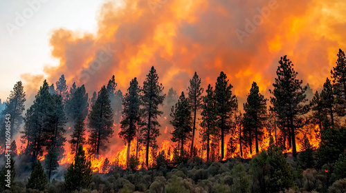 Wildfire Burning Coniferous Forest at Dusk