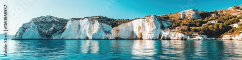 Serene coastal view features towering cliffs mirrored in tranqui photo