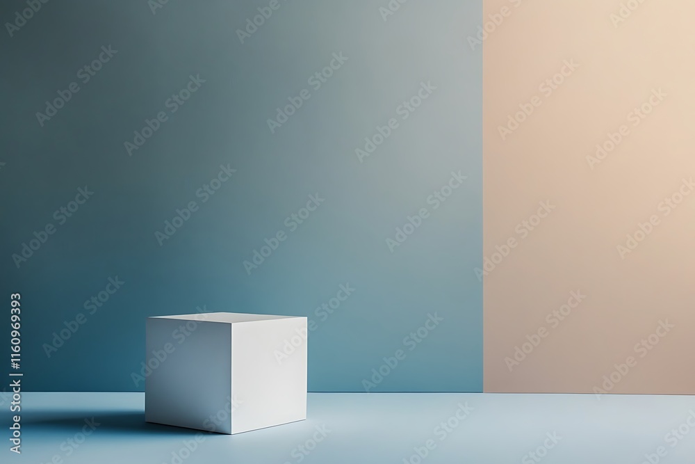 Fototapeta premium Minimalist white cube on blue background