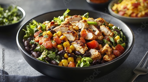 homemade fresh organic chicken chipotle black bean salad bowl horizontal shot