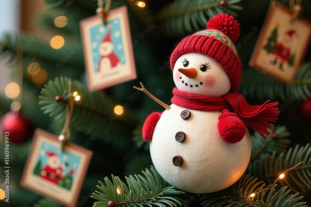 snowman sits christmas tree surrounded colorful postcard art decorations festive holiday snowman sits christmas tree surrounded colorful postcard art decorations festive holiday