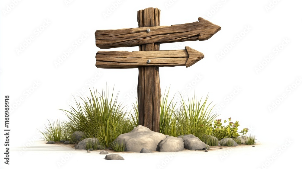 Naklejka premium Wooden directional sign with two weathered arrows pointing in opposite directions, set among grass and rocks on a white background.