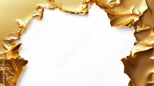 Shiny gold foil with torn edges creating an irregular frame, exposing a white background, ideal for luxury design concepts.