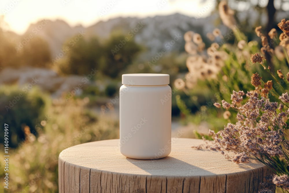 In a stunning natural setting, a white, cylindrical PET jar with a smooth, glossy white plastic screw cap, reflecting the soft glow of the surrounding environment