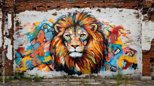 Majestic Lion Mural: A Vibrant Street Art Masterpiece photo