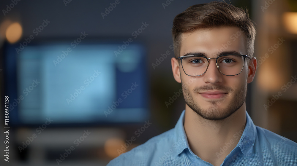 Close-up Photo: Confident Young Man Smiling Calmly at Night in Home Office. AI Generated Close-up Photo: Confident Young Man Smiling Calmly at Night in Home Office. AI Generated