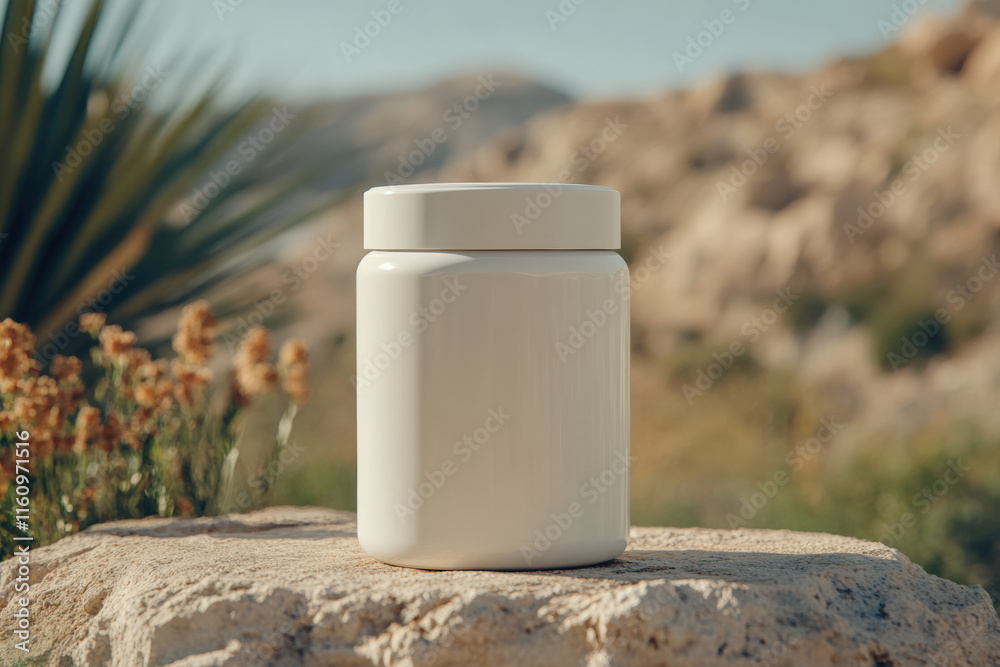 In a stunning natural setting, a white, cylindrical PET jar with a smooth, glossy white plastic screw cap, reflecting the soft glow of the surrounding environment In a stunning natural setting, a white, cylindrical PET jar with a smooth, glossy white plastic screw cap, reflecting the soft glow of the surrounding environment