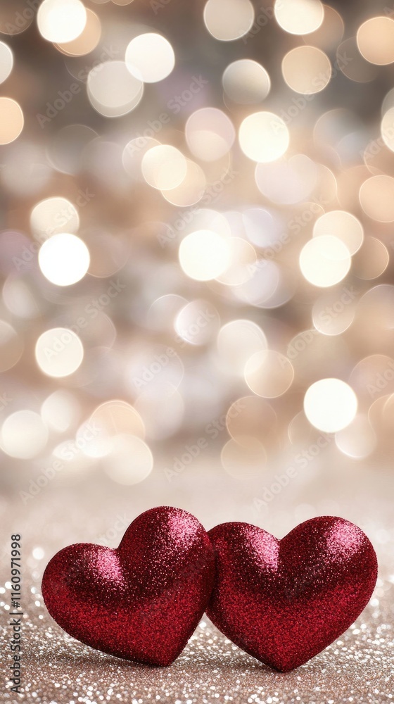 Two shiny red hearts are positioned against a beautiful pink glitter bokeh backdrop, perfect for expressing love on Valentine's Day Two shiny red hearts are positioned against a beautiful pink glitter bokeh backdrop, perfect for expressing love on Valentine's Day