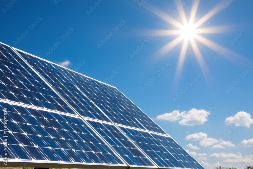 Bright Sun Over Gleaming Solar Panels on a Clear Blue Sky