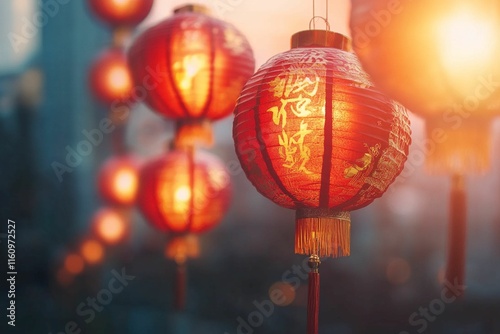 An intricate close-up of red paper lanterns hanging against a dark sky photo