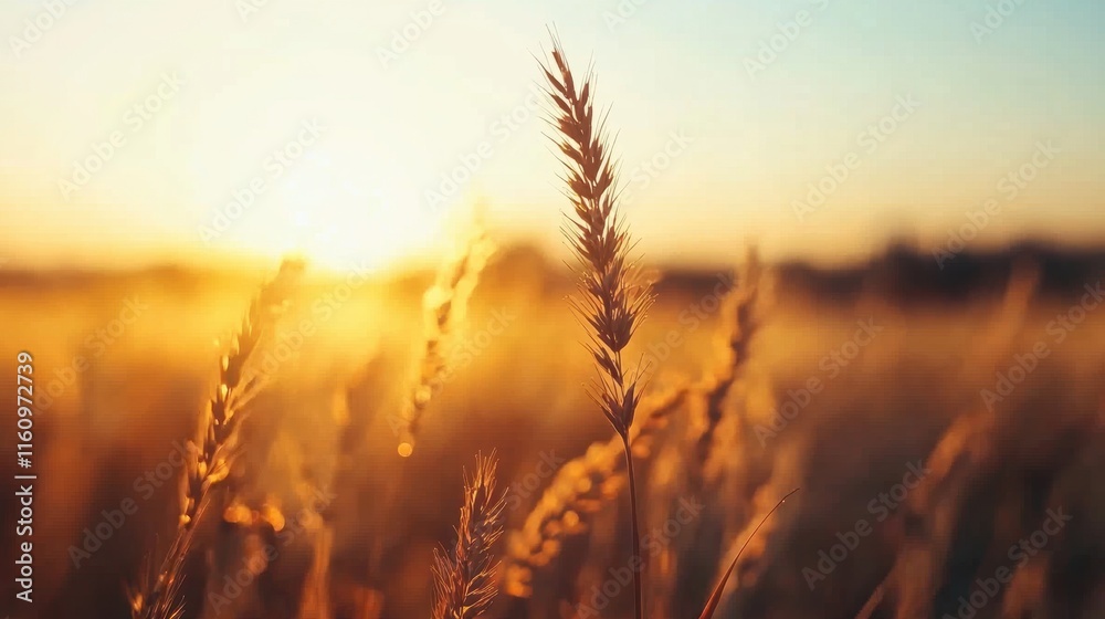 Golden Wheat Field with Sunlight at Dusk Over Horizon Golden Wheat Field with Sunlight at Dusk Over Horizon