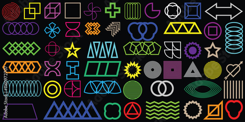 Abstract y2k shapes, retro geometric figures and forms, stickers and badges, stars, wavy lines. Vector illustration, set of decorative design elements. EPS 10