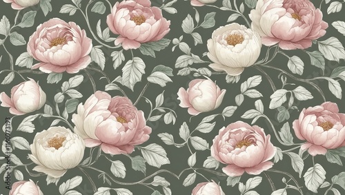 Seamless repeating pattern features pink peony flowers with grey background 