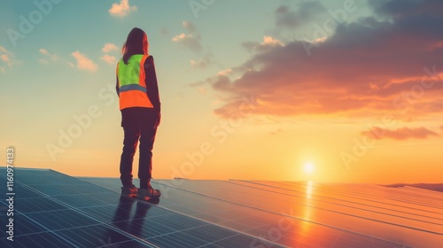 A young woman in a reflective safety vest stands on a solar panel rooftop at sunset, contemplating the future. photo