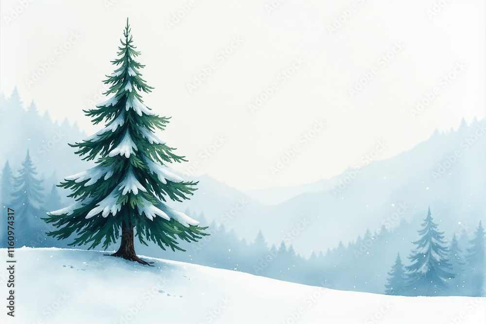 Fototapeta premium soft watercolors lone fir tree set snowy winter