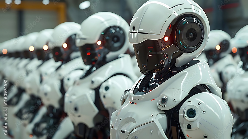 Rows of futuristic white robots in a factory. Rows of futuristic white robots in a factory.