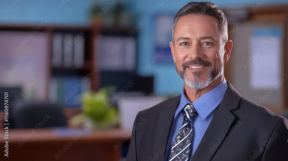 Fototapeta premium Confidently Smiling Businessman Portrait Photo: Professional Headshot in Modern Office. AI Generated