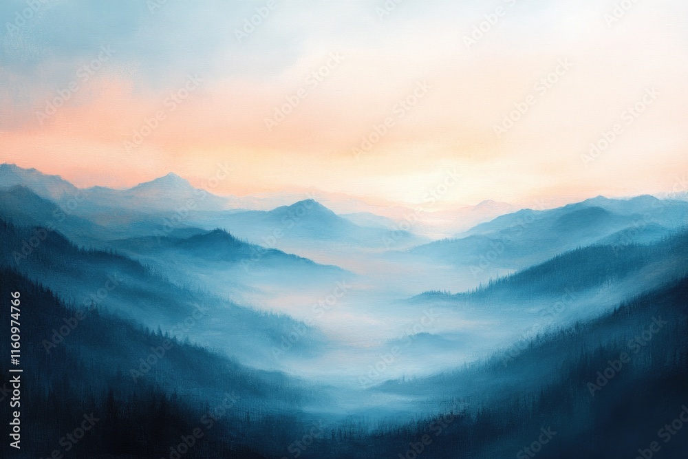 Fototapeta premium Soft hues blend in misty mountains, creating serene and tranquil