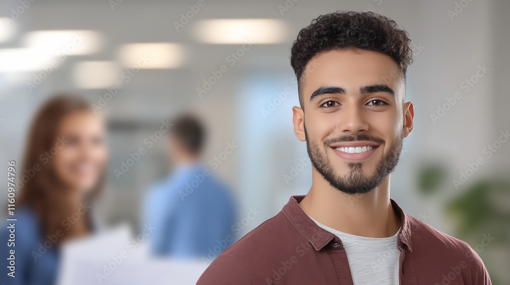 Close-up Photo: Confidently Smiling Man in Modern Office Setting. AI Generated Close-up Photo: Confidently Smiling Man in Modern Office Setting. AI Generated