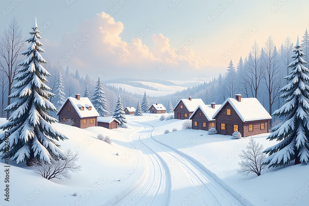 Fototapeta premium softly colored snow village scene forest houses clean white christmas winter landscape