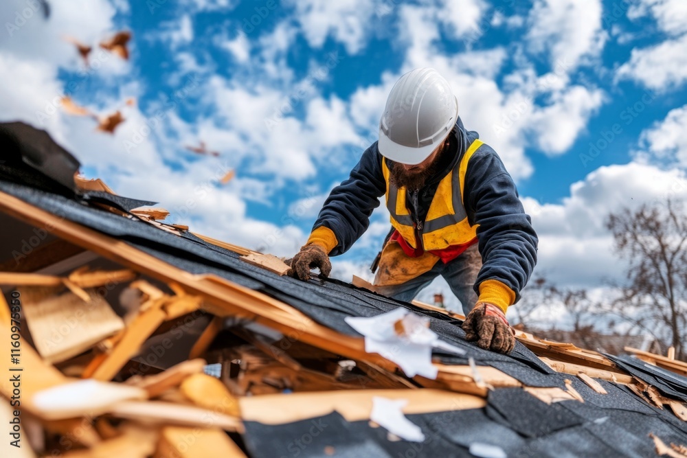 A repaired roof on a home after a storm, with an insurance agent documenting the restoration process A repaired roof on a home after a storm, with an insurance agent documenting the restoration process