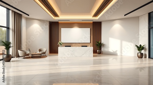 Modern Lobby with Blank Canvas: Sleek and sophisticated, this modern lobby features a  marble reception desk, plush seating, and a large blank canvas, creating a welcoming and professional atmosphere.