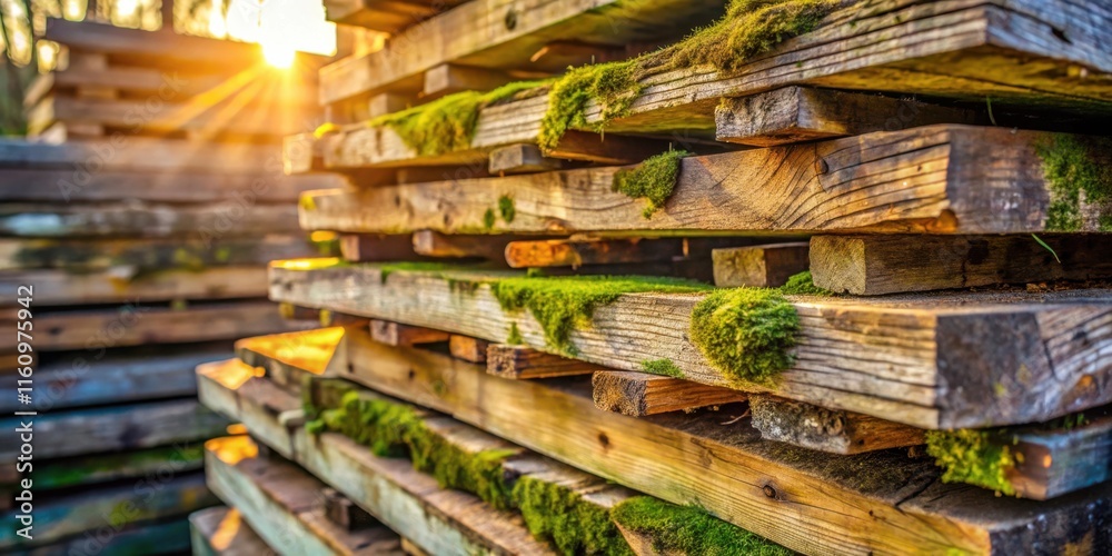 A Stack of Weathered Wooden Planks Covered in Lush Green Moss Bathed in the Warm Glow of the Setting Sun A Stack of Weathered Wooden Planks Covered in Lush Green Moss Bathed in the Warm Glow of the Setting Sun