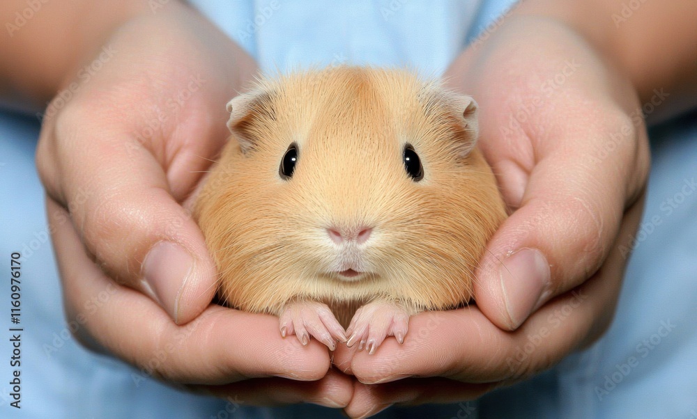 Cute guinea pig being gently held in hands with fluffy fur Cute guinea pig being gently held in hands with fluffy fur