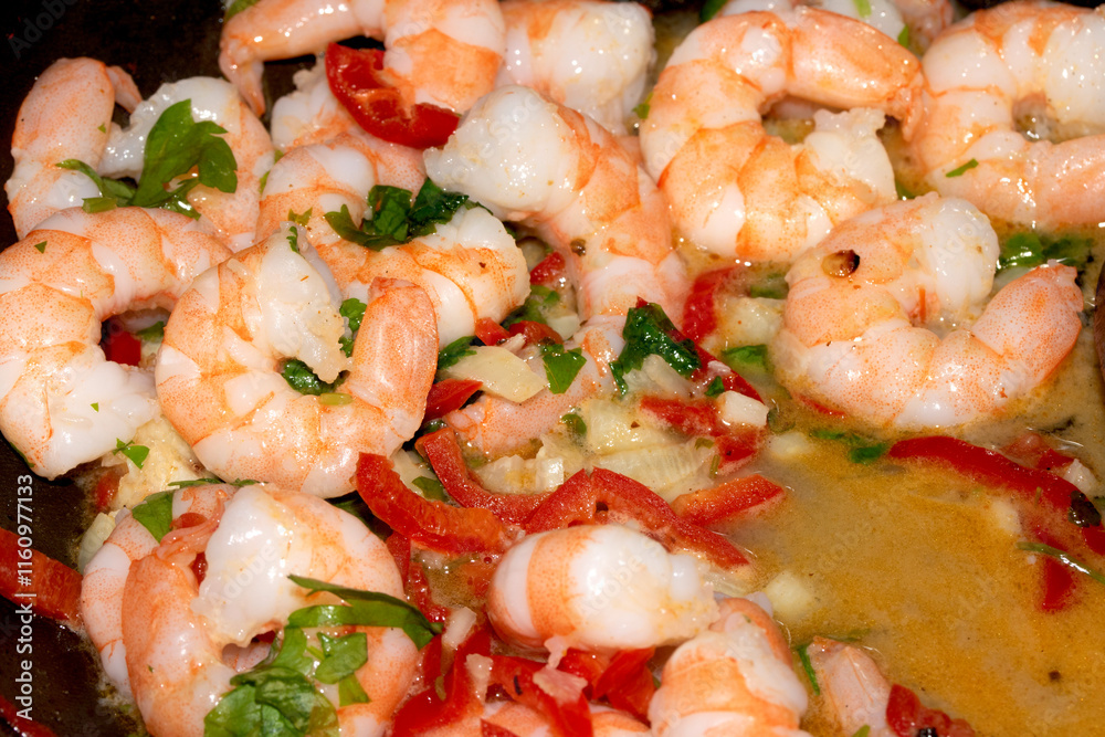 Close Up of Tiger Prawns with Chopped Chilli and Herbs Close Up of Tiger Prawns with Chopped Chilli and Herbs