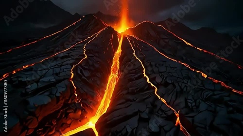 Glowing Cracks Revealing Magma at Volcano's Base