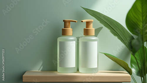 Frosted Glass Bottle of Facial Wash with Bamboo Pump - Natural Skincare Mockup on Leafy Background photo