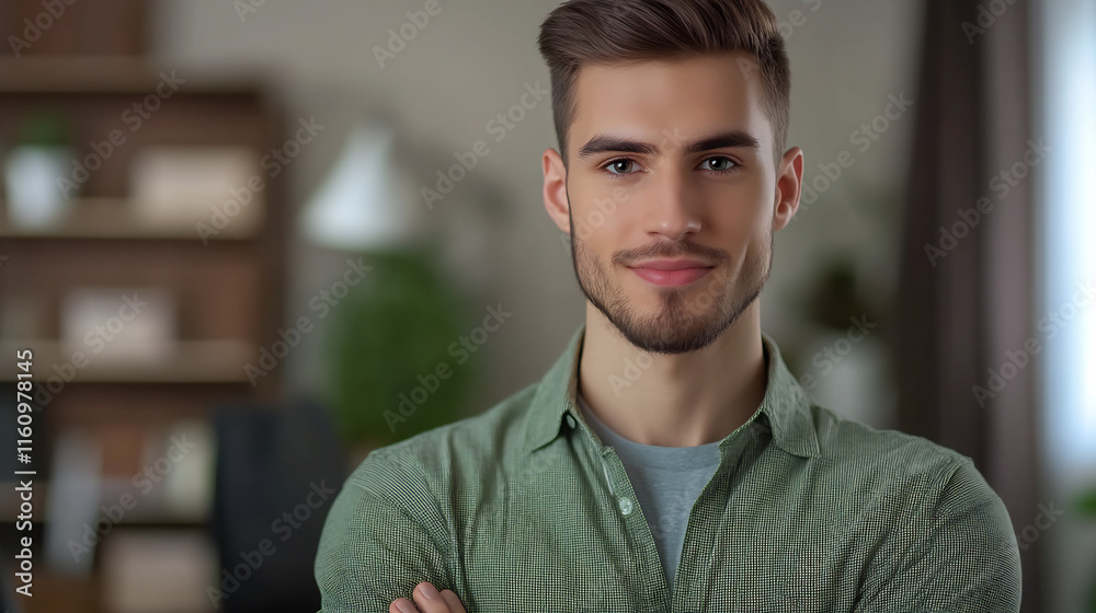 Obraz premium Close-up Photo: Confident Young Man Calmly Posing Indoors. AI Generated