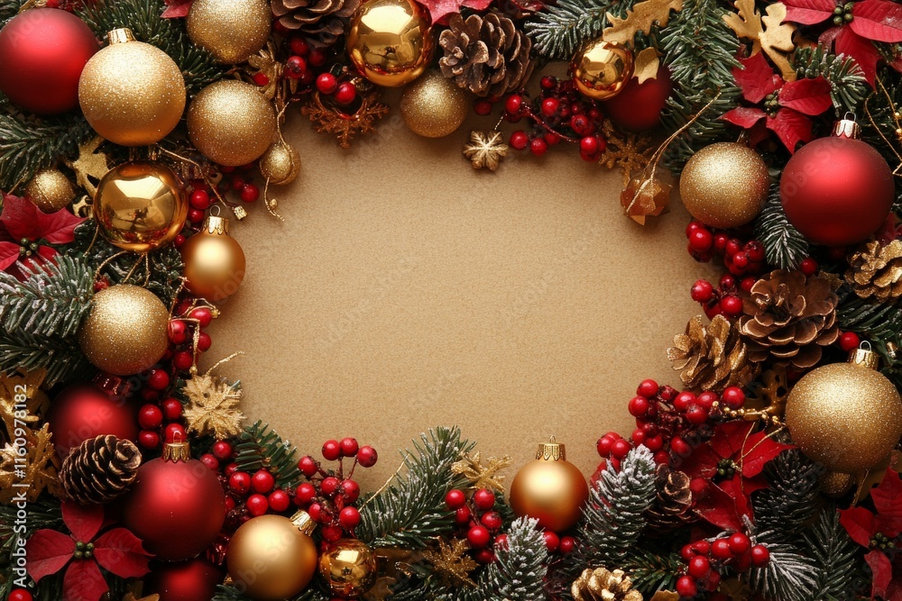 Festive Christmas wreath decorated with ornaments, berries, and pine cones on a brown background ready for the holiday season Festive Christmas wreath decorated with ornaments, berries, and pine cones on a brown background ready for the holiday season