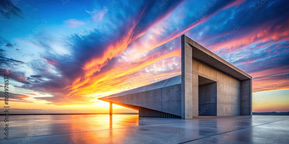 Fototapeta premium A Concrete Structure Frames a Dramatic Sunset with Vivid Colors and Wispy Clouds
