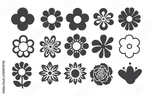 set of silhouettes of flowers, set of black & white flowers, flowers icon set