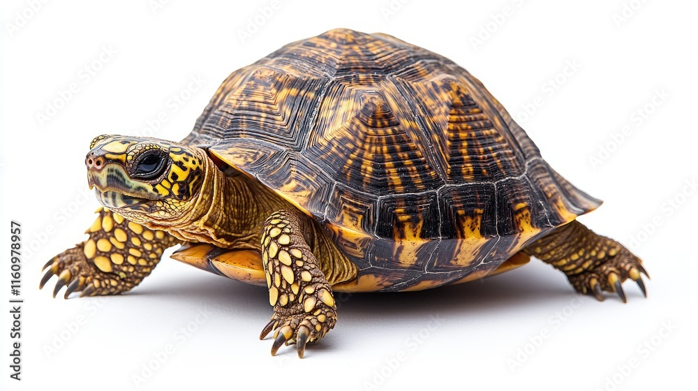 Fototapeta premium Turtle crawling on white background wildlife photography close-up studio setup nature concept