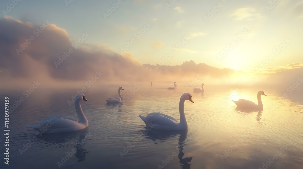 Fototapeta premium Serene Sunrise: Swans on Misty Lake