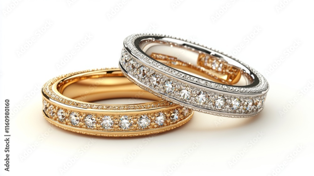 3D render design of gold and platinum diamond rings on white background. The concept of a studio in a jewelry store. 3D render design of gold and platinum diamond rings on white background. The concept of a studio in a jewelry store.