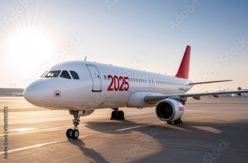 Modern Commercial Aircraft on Tarmac with Sunset Background