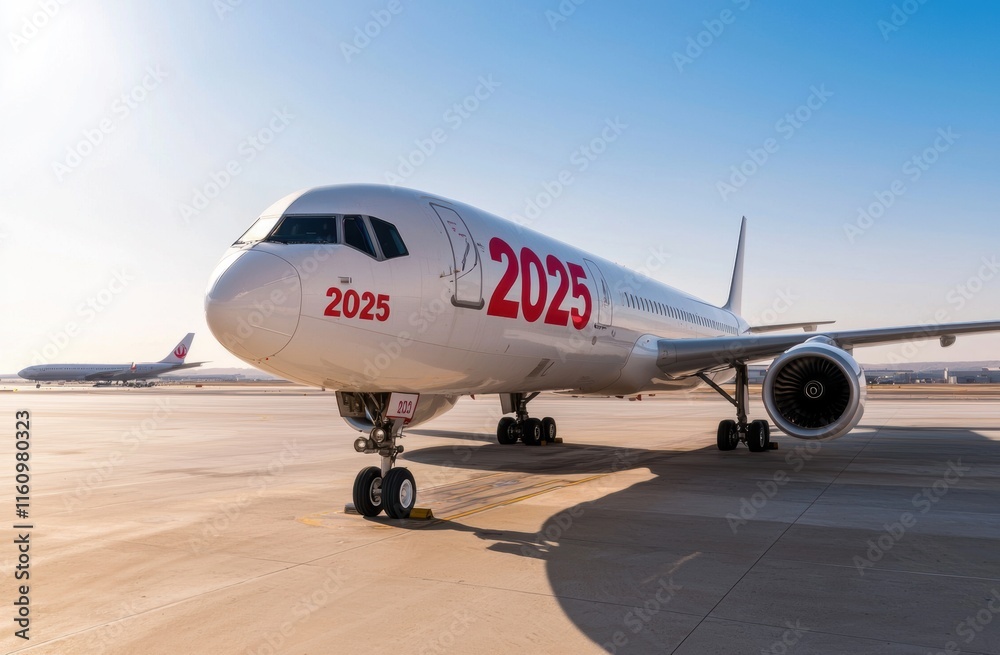 Airplane on Tarmac with Bold Year 2025 Displayed in Bright Sunlight Airplane on Tarmac with Bold Year 2025 Displayed in Bright Sunlight